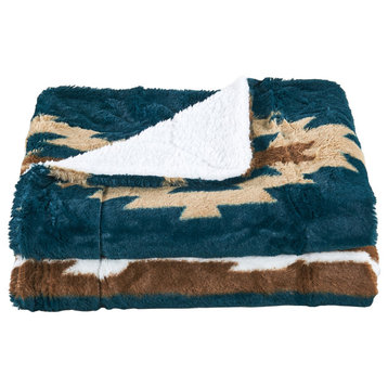 Southwest Faux Fur & Sherpa Backing Throw Blanket, Deep Teal, 50" X 60"