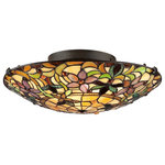 Quoizel - Quoizel TF1396SVB Two Light Flush Mount Kami Vintage Bronze - This lovely Tiffany style collection features a handcrafted genuine art glass shade created in hues of amber caramel ginger and emerald. The glass is arranged in a classic Art Nouveau pattern. The warm color palette creates a harmonious balance of light and the complementary base is finished in a vintage bronze.
