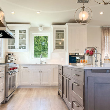 Transitional Two Tone Gourmet Kitchen with Inset Custom Cabinetry