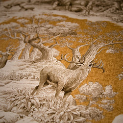 Deer fabric gold toile nature woodland cabin lodge - Upholstery Fabric