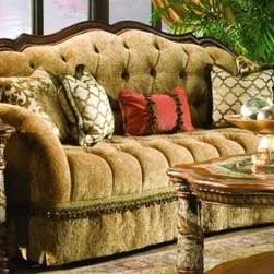 AICO Furniture - Villa Valencia Wood Trim Tufted Sofa in Green and Gold - 72815 - Fabric