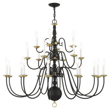 Livex Williamsburg 22 Light Black, Antique Brass Grande 3-Tier Foyer Chandelier