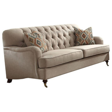 Bowery Hill Traditional Button Tufted Sofa with 2 Pillows in Beige Fabric