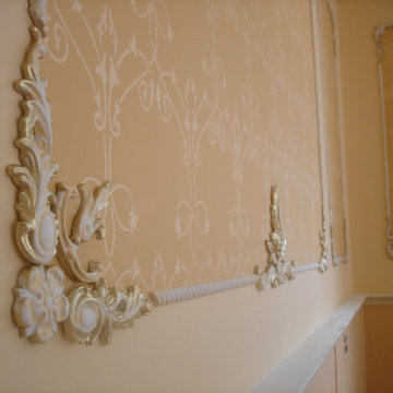 Living room. Mill work. Custom mural. Stencil.