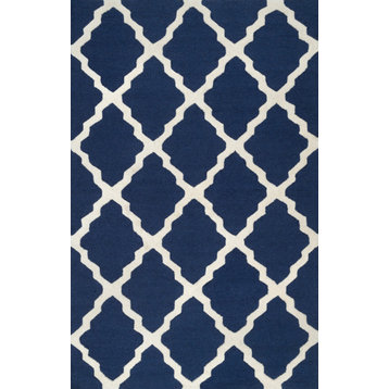 Hand Hooked Geometric Contemporary Moroccan Trellis Rug, Navy, Blue, 6'