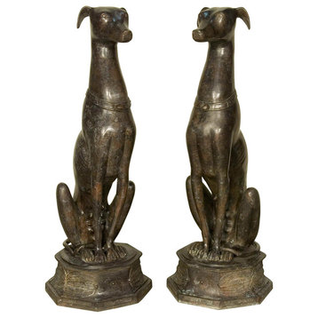 Greyhounds Sitting on Pedestals, Left and Right Pair Bronze Sculpture