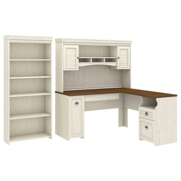 Fairview L Desk with Hutch and Bookcase in Antique White - Engineered Wood