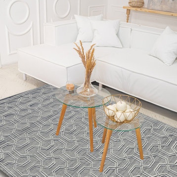 Hand-loomed Ivory Tangled Hexagon Geometric Wool Rug by Tufty Home, Natural Silver, 2.3x9