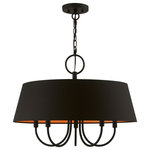 Livex Lighting - Livex Lighting 5 Light Black Pendant Chandelier - The five-light Palma pendant chandelier has a modern and retro appeal. The hand-crafted black fabric hardback angled shade is set off by an inner silky orange fabric that combines with chandelier-like black finish sweeping arms which creates a versatile effect. Perfect fit for the living room, dining room, kitchen or bedroom.