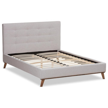 King Platform Bed, Tapered Legs With Button Tutfted Headboard, Greyish Beige