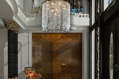 Entryway - huge eclectic marble floor entryway idea in Other with white walls and a black front door