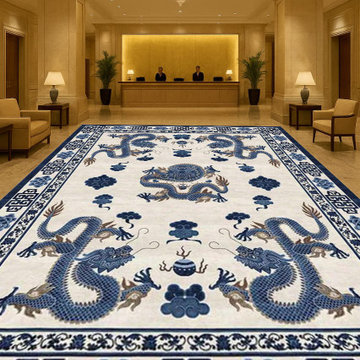 Tibetan Wool Rug Hand-Knotted Blue & White Chinese Dragon Design 9x12, 10x14, 12