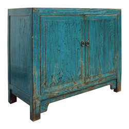 Oriental Distressed Bright Blue Credenza Sideboard Table Cabinet - Console Tables