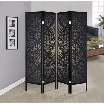 Captivating Four Panel Folding Screen With Damask Print, Black