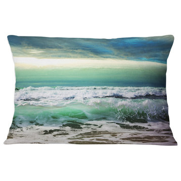Green Foaming Waves and Blue Sky Seashore Throw Pillow, 12"x20"