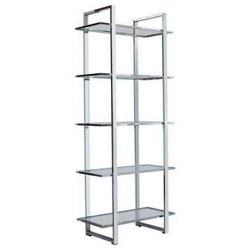 Benzara BM282971 Bookcase, Metal Frame, Tempered Glass Shelves, Polished, Silver