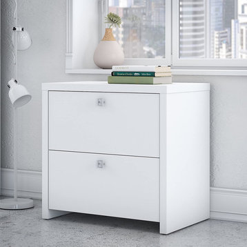 Modern File Cabinet, 2 Storage Drawer With Satin Silver Pull Handles, Pure White