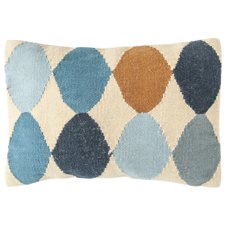 Off-White Wool Blend Lumbar Pillow With Blue and Brown Pattern