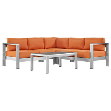 Modway Shore 4-Piece outdoor Patio Aluminum Sectional Sofa Set, Silver Orange