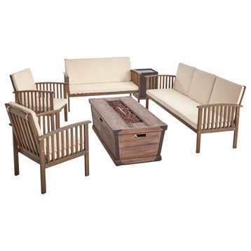 Martha Outdoor 4-Piece Acacia Wood Conversational Set With Fire Pit, Gray Finish