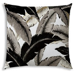 Joita, llc - Palmorina Indoor/Outdoor Pillow, Sewn Closure - PALMORINA (black) modern/contemporary look for the West Indies decor in shades of gray and black with khaki accents on a white background. Constructed with an outdoor rated thread and fabric. Printed pattern on polyester fabric. To maintain the life of the pillow, bring indoors or protect from the elements when not in use. Spot clean, hang to dry. Do not dry clean. One complete pillow with stuffing and sewn closure.