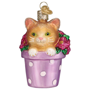 Kitten in Pink Flower Pot Old World Christmas Holiday Ornament Glass