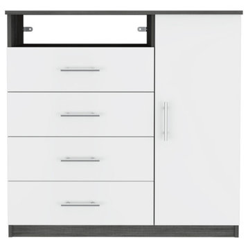 Carolina 4-Drawer Dresser w/ Single Door Cabinet & Open Shelf, Smokey Oak/White
