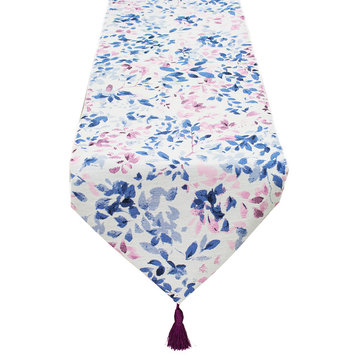 Lovely Floral Woven Tapestry Cotton Table Runner with Tassels, Lavender