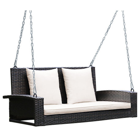 Costway 2-Person Patio Rattan Hanging Porch Swing Bench Chair Cushion Beige