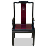 China Furniture and Arts - Rosewood Longevity Design Arm Chair, Black/Cherry - Made of solid rosewood, the center panel and the sides form a unity of graceful lines in this armchair. Ergonomically curved with the human back in mind, the one panel back comfortably supports the back and waist. Constructed with traditional joinery technique. Unique horseshoe leg design. A delicately carved longevity symbol takes the center of the back with eye-catching effect. Its elegant cherry finish rosewood with black trim round out its quiet beauty.