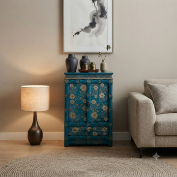 Distressed Teal Green Golden Floral Graphic Side End Table Nightstand ws4990