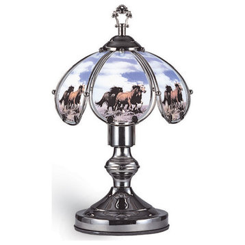 14.25" Umbrella Shade Glass Table Lamp With Running Horses Print, Silver