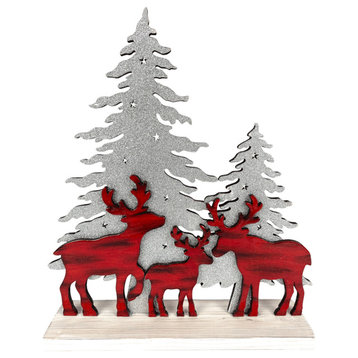 11.5" Silver Glitter Trees With Red Marbled Reindeer Christmas Decoration