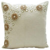 Beige Cotton Blend 16"x16" Jute Flowers Decorative Pillow Cover, Jute Flowers