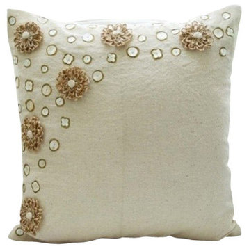 Beige Cotton Blend 16"x16" Jute Flowers Decorative Pillow Cover, Jute Flowers