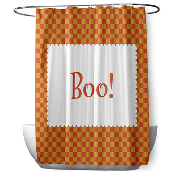 70"Wx73"L Halloween Boo Checks Shower Curtain, Rust