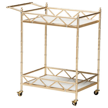 Alberte 2-Tier Wine Cart, Gold Metal and White Marble
