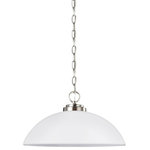 Sea Gull Lighting - Sea Gull Lighting Oslo 1-Light Pendant, Brushed Nickel, Medium - The Oslo lighting collection by Sea Gull Lighting is a sleek design, with smooth and clean lines. The Opal Etched glass adds to this collection's contemporary and minimalist character. Offered in Chrome, Brushed Nickel or textured Blacksmith finishes. The assortment includes nine-light, five-light, and three-light chandeliers, pendants in four sizes, both flush and semi-flush ceiling fixtures, as well as one-light, two-light, three-light and four-light wall/bath fixtures.