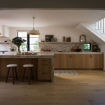 Organic Modern Kitchen with Stone Waterfall Island | Orange County