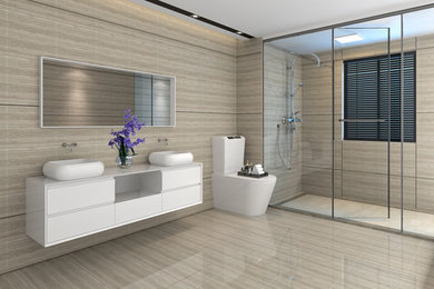Modelo de cuarto de baño moderno con armarios tipo mueble, puertas de armario blancas, lavabo sobreencimera y encimeras blancas