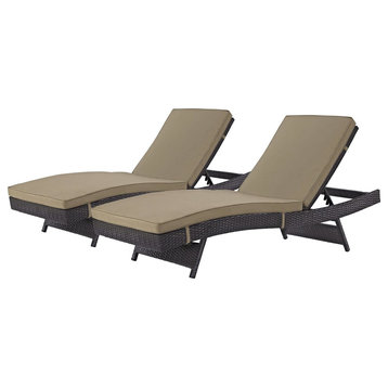 Set of 2 Patio Chaise Lounge, Cushioned Rattan Seat With Adjustable Back