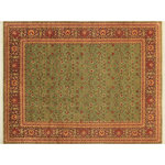 Bareens Designer Rugs - Pak Persian Ryan Green/Aubergine Wool Rug - 9'1'' x 11'4'' - Designed with mesmerizing intricacy and gorgeous color palette, this hand-knotted masterpiece demonstrates the beauty and electrifying thrill of Pak Persian art. These meticulously hand-knotted Pak-Persian rug is made with pure wool and features breathtaking traditional, transitional, and tribal designs in bold luxurious color pallets. Known for their intricate designs these rugs are a reproduction of Persian rugs, made in Pakistan with unique Mughal designs. Made by master weavers using the same Persian texture, design and dying technique, we wanted to produce the most significant manifestation of Persian art, life, and culture. This rug is most famous for its exceptional quality, incredible designs, patterns, and vibrant rich color. Pak-Persian rugs made with Persian weave with high knot counts, which enables the high intricacy and detail found in the patterns are also referred to as "State of art", each color adds a rich beautiful detail in the artwork of this rug. The design, color, and beautiful chromatic composition with a vibrant sheen with intricate designs, exude beauty, elegance, and quality make this rug a masterpiece of its own.