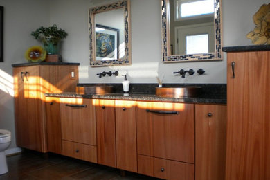 Bathroom - large transitional master white tile and ceramic tile porcelain tile bathroom idea in Richmond with flat-panel cabinets, light wood cabinets, a one-piece toilet, gray walls, a drop-in sink and granite countertops