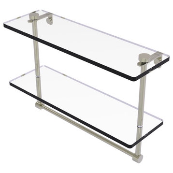 16" Two Tiered Glass Shelf with Integrated Towel Bar, Polished Nickel