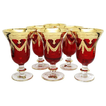 Interglass Italy Set of 6 Crystal Glasses, 24K Gold-Plated (Wine Goblets, Red)