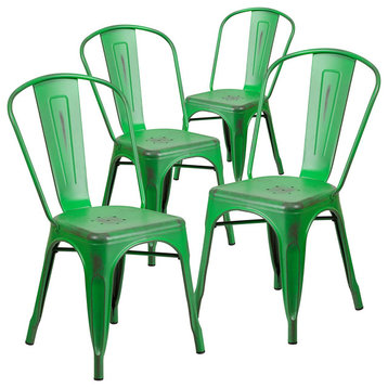 Set of 4 Outdoor Dining Chair, Stackable Design With Open Back, Distressed Green