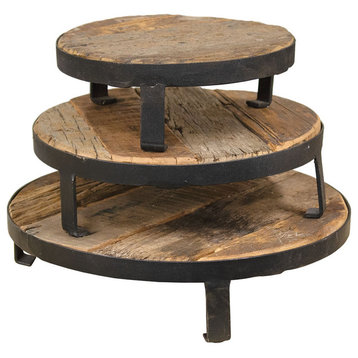 Weathered Wood and Metal Round Risers, Set of 3