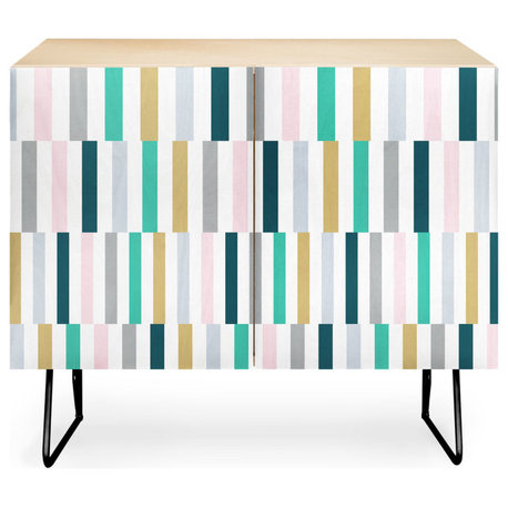 Deny Designs Scandi Stripes Credenza, Birch, Black Steel Legs