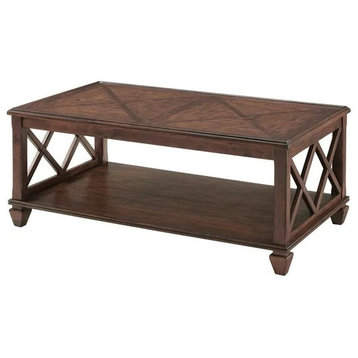 Traditional Coffee Table, Pine Wood Construction With Open Crossed Sides, Brown