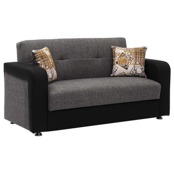 Convertible Loveseat, Tufted Seat & Track Arms, Grey Chenille/Black Leatherette